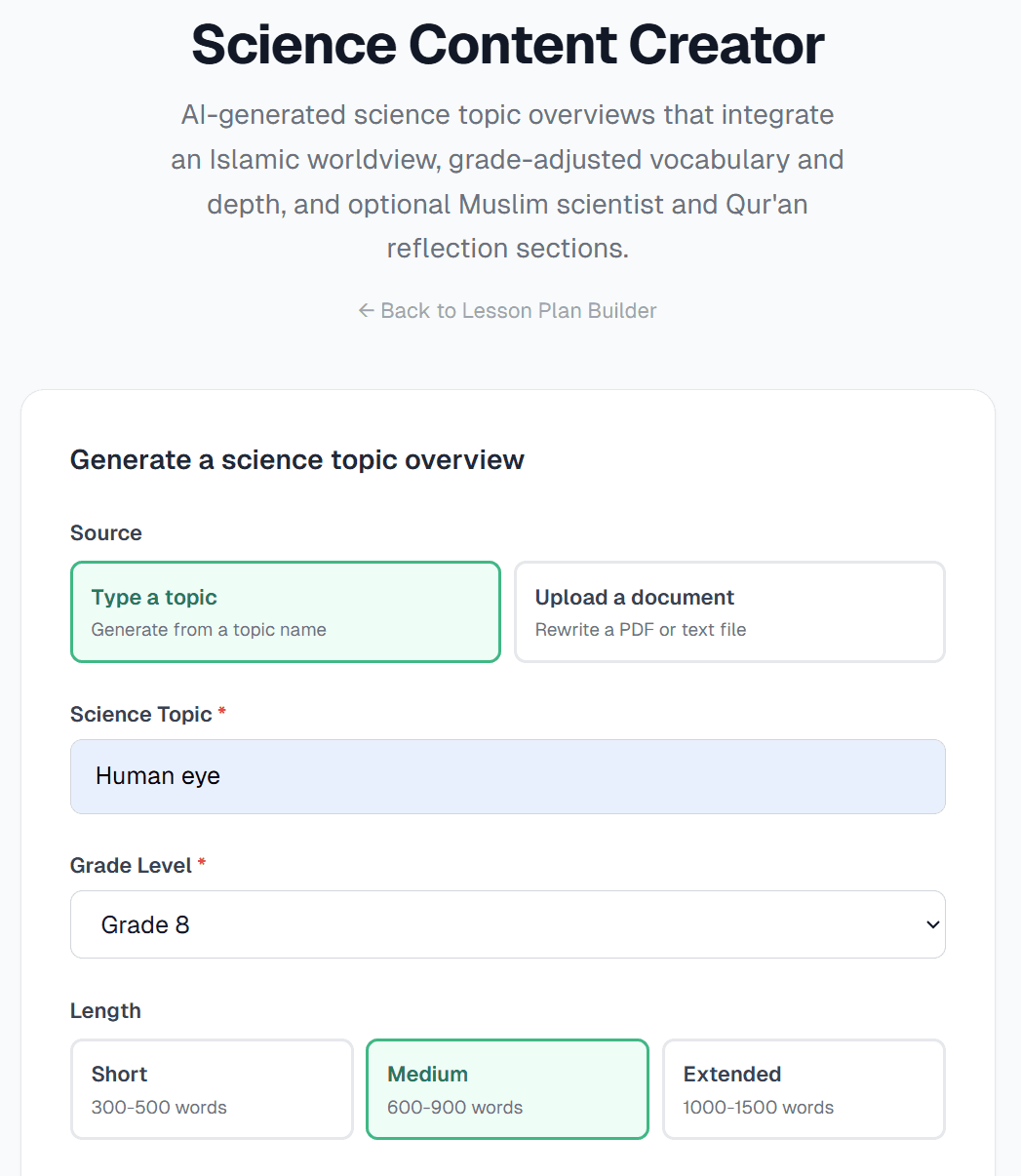 Science Content Creator configuration form with topic, grade level, and length options