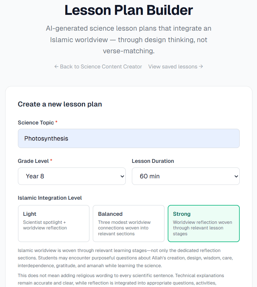 Lesson Plan Builder configuration form with science topic, grade level, and lesson duration